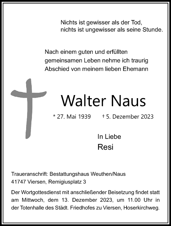 Traueranzeige von Walter Naus von trauer.extra-tipp-moenchengladbach.de