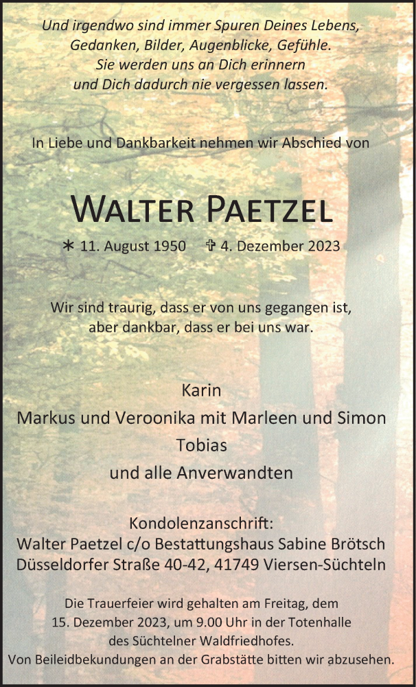  Traueranzeige für Walter Paetzel vom 10.12.2023 aus trauer.extra-tipp-moenchengladbach.de