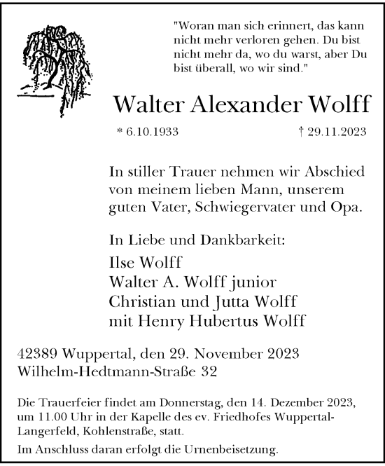Traueranzeige von Walter Alexander Wolff von trauer.wuppertaler-rundschau.de