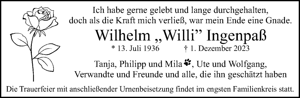  Traueranzeige für Wilhelm Ingenpaß vom 17.12.2023 aus trauer.extra-tipp-moenchengladbach.de