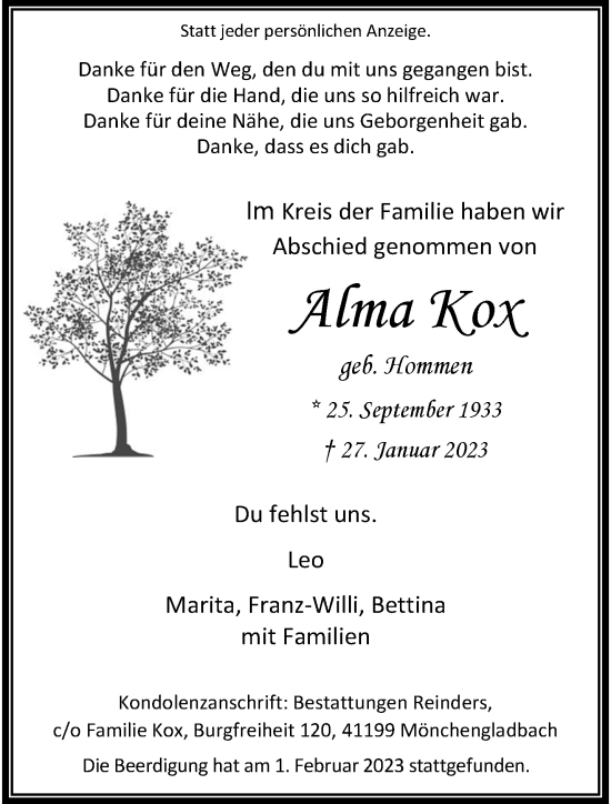 Traueranzeige von Alma Kox von trauer.extra-tipp-moenchengladbach.de