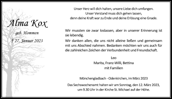Traueranzeige von Alma Kox von trauer.extra-tipp-moenchengladbach.de