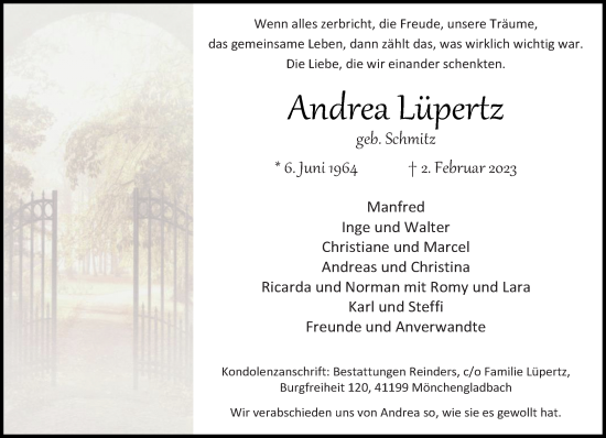 Traueranzeige von Andrea Lüpertz von trauer.extra-tipp-moenchengladbach.de