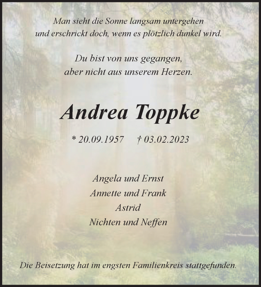  Traueranzeige für Andrea Toppke vom 26.02.2023 aus trauer.extra-tipp-moenchengladbach.de