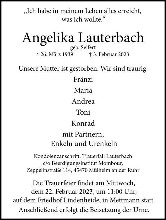 Traueranzeige von Angelika Lauterbach von trauer.duesseldorfer-anzeiger.de