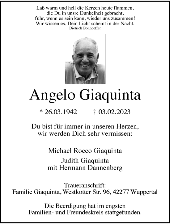 Traueranzeige von Angelo Giaquinta von trauer.wuppertaler-rundschau.de