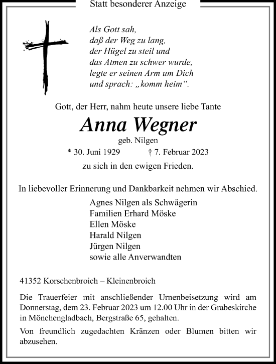 Traueranzeige von Anna Wegner von trauer.extra-tipp-moenchengladbach.de