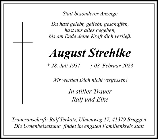 Traueranzeige von August Strehlke von trauer.extra-tipp-moenchengladbach.de