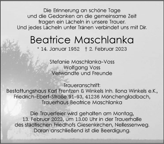 Traueranzeige von Beatrice Maschlanka von trauer.extra-tipp-moenchengladbach.de