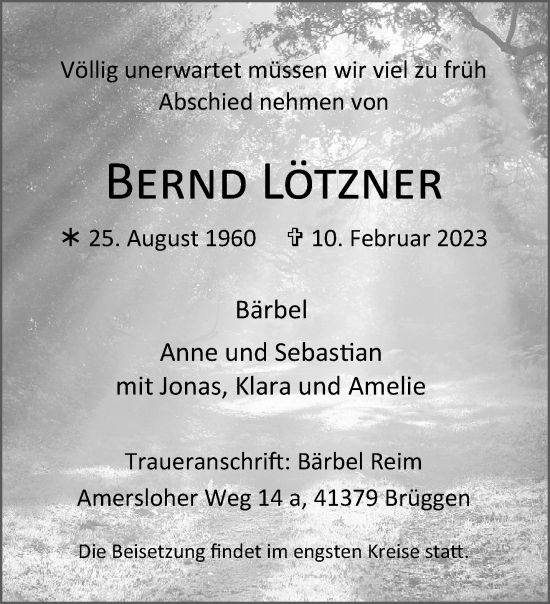 Traueranzeige von Bernd Lötzner von trauer.extra-tipp-moenchengladbach.de