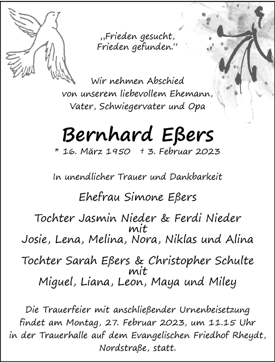 Traueranzeige von Bernhard Eßers von trauer.extra-tipp-moenchengladbach.de
