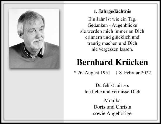 Traueranzeige von Bernhard Krücken von trauer.extra-tipp-moenchengladbach.de