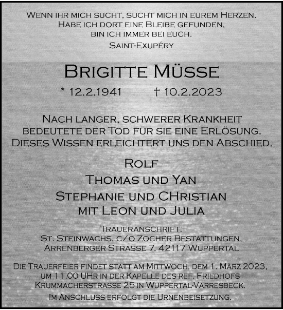 Traueranzeige von Brigitte Müsse von trauer.wuppertaler-rundschau.de