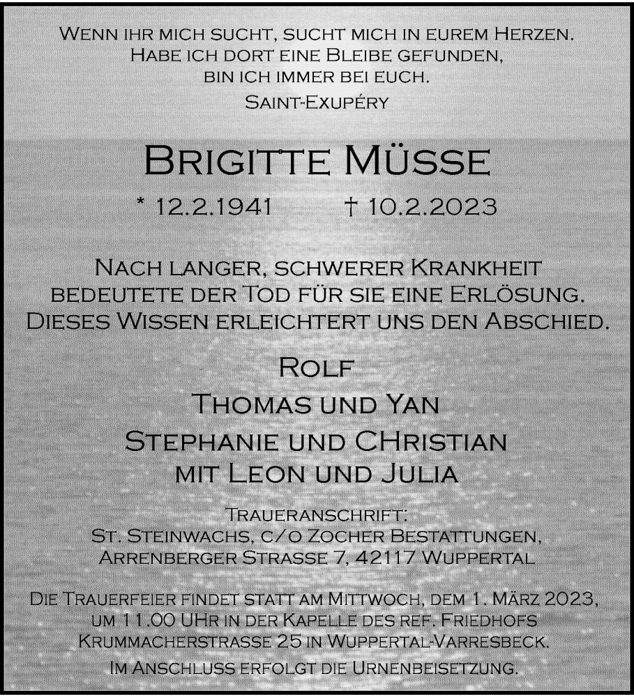  Traueranzeige für Brigitte Müsse vom 18.02.2023 aus trauer.wuppertaler-rundschau.de