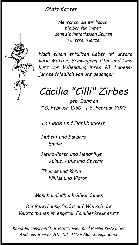 Traueranzeige von Cäcilia Zirbes von trauer.extra-tipp-moenchengladbach.de