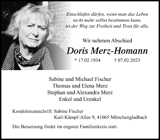 Traueranzeige von Doris Merz-Homann von trauer.extra-tipp-moenchengladbach.de