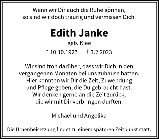 Traueranzeige von Edith Janke von trauer.wuppertaler-rundschau.de