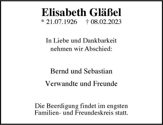 Traueranzeige von Elisabeth Gläßel von trauer.wuppertaler-rundschau.de