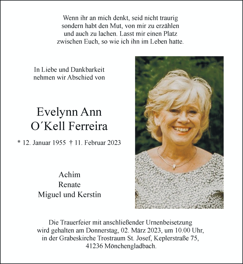  Traueranzeige für Evelynn Ann O´Kell Ferreira vom 26.02.2023 aus trauer.extra-tipp-moenchengladbach.de