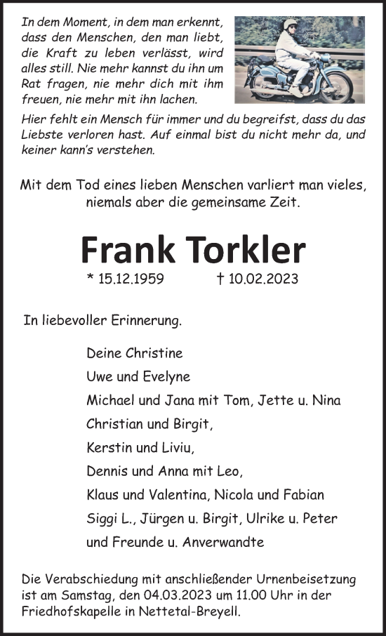 Traueranzeige von Frank Torkler von trauer.extra-tipp-moenchengladbach.de