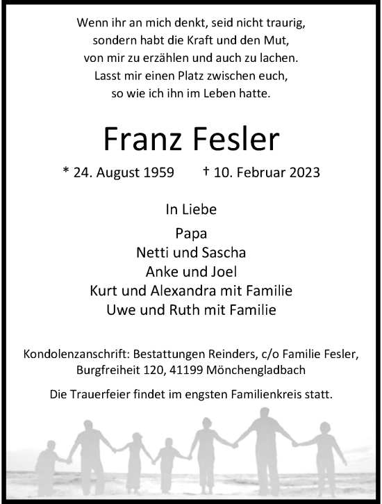 Traueranzeige von Franz Fesler von trauer.extra-tipp-moenchengladbach.de