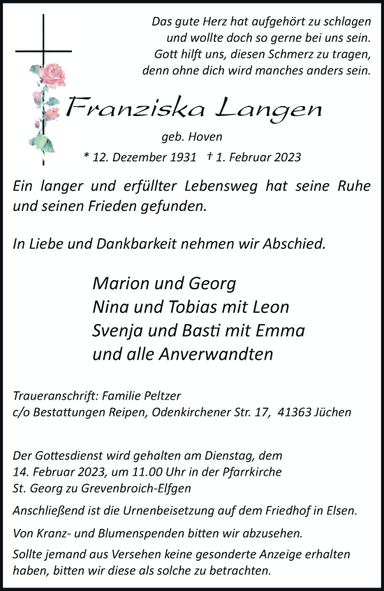 Traueranzeige von Franziska Langen von trauer.stadt-kurier.de