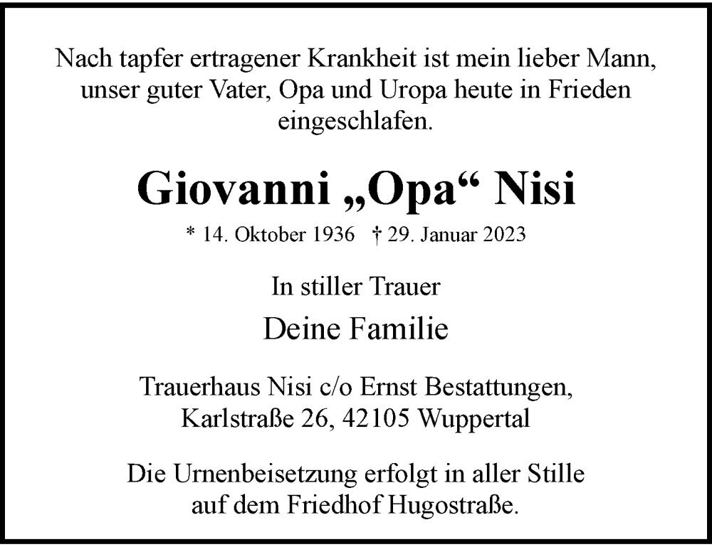  Traueranzeige für Giovanni Nisi vom 04.02.2023 aus trauer.wuppertaler-rundschau.de