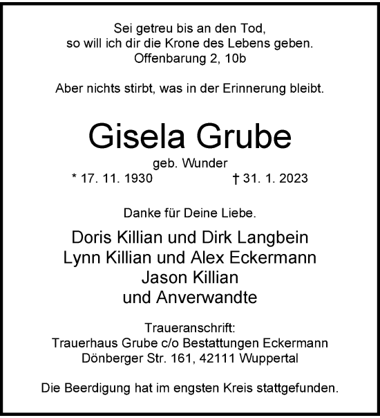 Traueranzeige von Gisela Grube von trauer.wuppertaler-rundschau.de