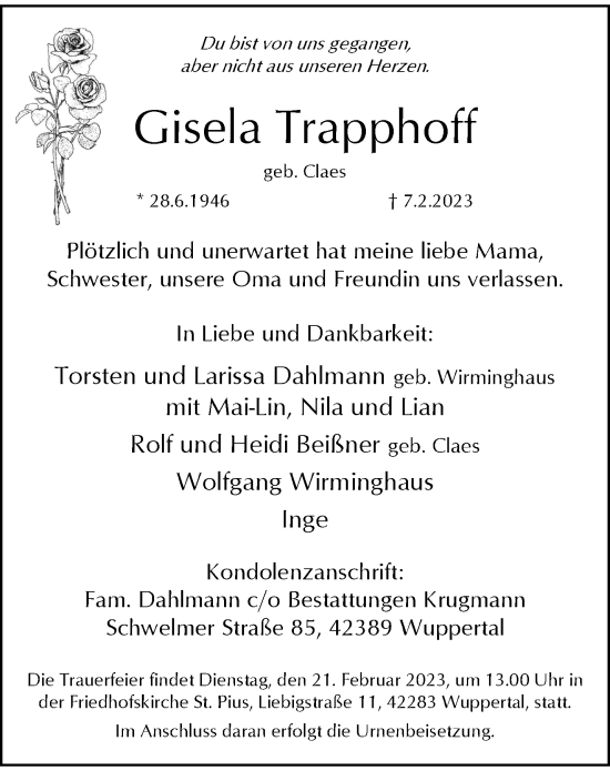 Traueranzeige von Gisela Trapphoff von trauer.wuppertaler-rundschau.de