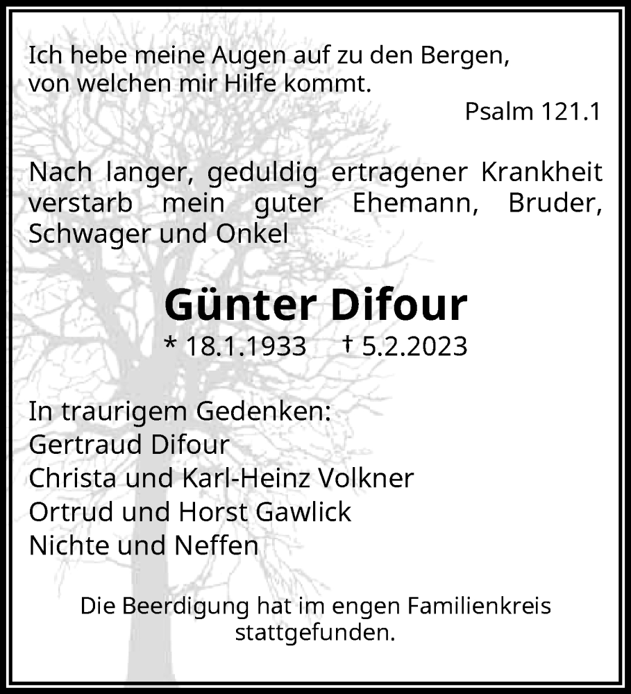  Traueranzeige für Günter Difour vom 11.02.2023 aus trauer.wuppertaler-rundschau.de