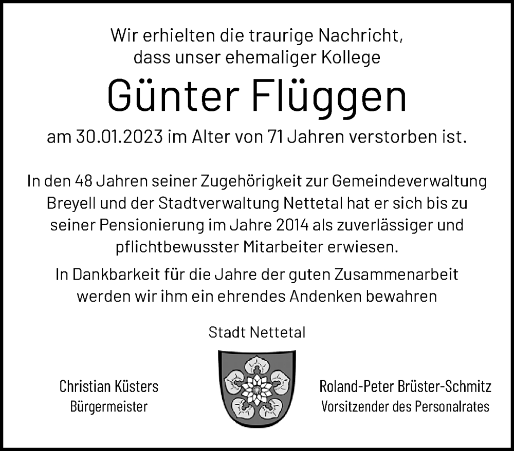  Traueranzeige für Günter Flüggen vom 12.02.2023 aus trauer.extra-tipp-moenchengladbach.de
