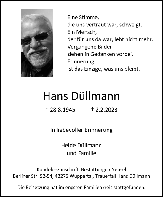 Traueranzeige von Hans Düllmann von trauer.wuppertaler-rundschau.de