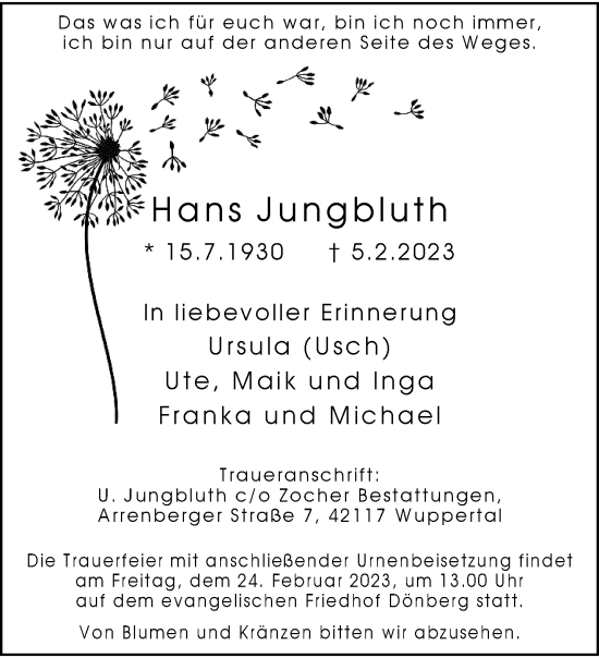 Traueranzeige von Hans Jungbluth von trauer.wuppertaler-rundschau.de