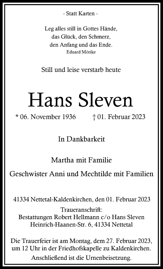 Traueranzeige von Hans Sleven von trauer.extra-tipp-moenchengladbach.de