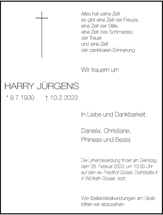 Traueranzeige von Harry Jürgens von trauer.wuppertaler-rundschau.de
