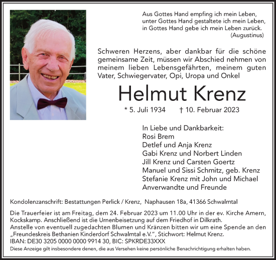 Traueranzeige von Helmut Krenz von trauer.extra-tipp-moenchengladbach.de