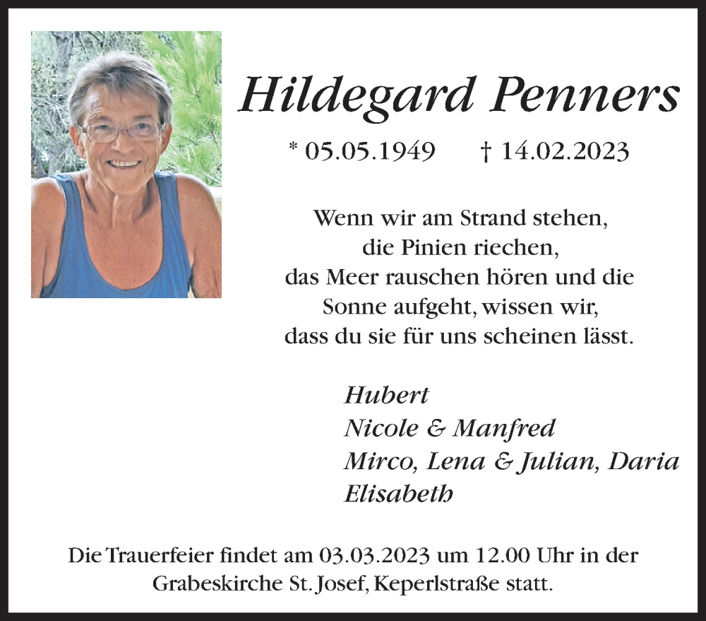  Traueranzeige für Hildegard Penners vom 26.02.2023 aus trauer.extra-tipp-moenchengladbach.de
