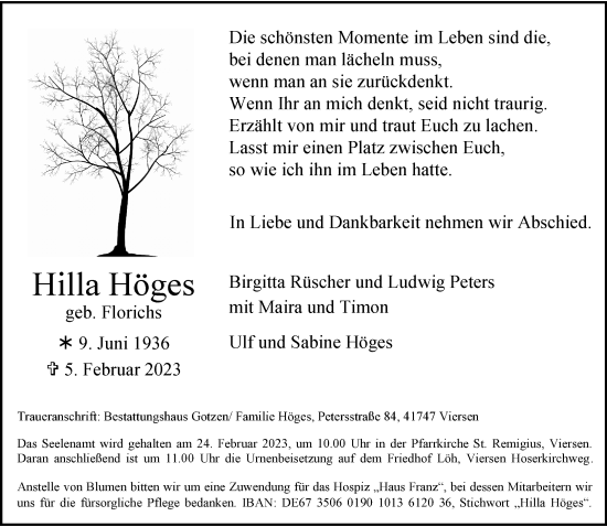 Traueranzeige von Hilla Höges von trauer.extra-tipp-moenchengladbach.de