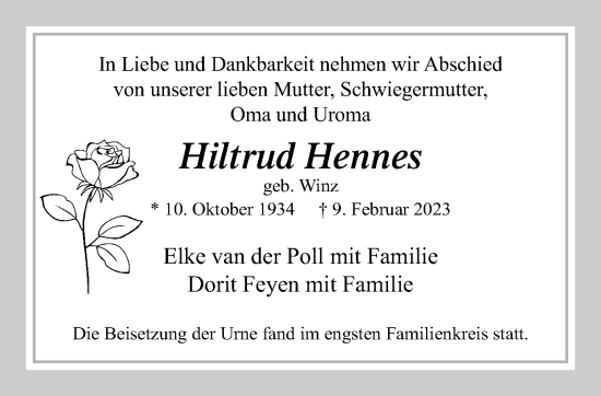 Traueranzeige von Hiltrud Hennes von trauer.extra-tipp-moenchengladbach.de
