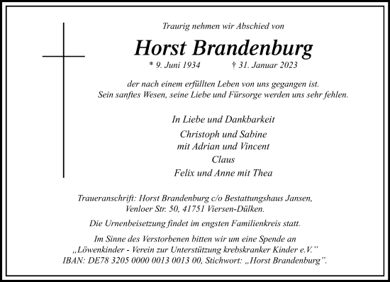 Traueranzeige von Horst Brandenburg von trauer.extra-tipp-moenchengladbach.de