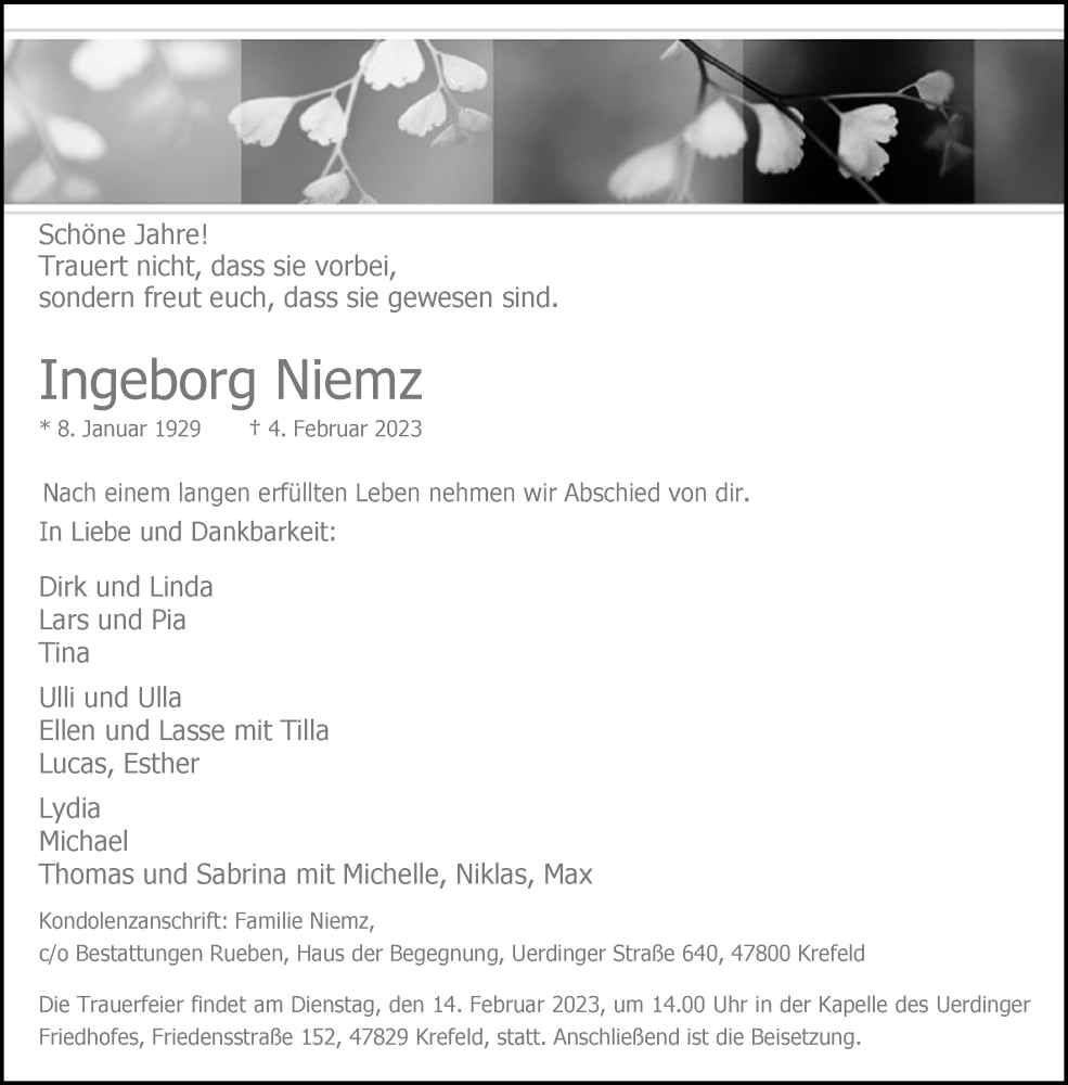  Traueranzeige für Ingeborg Niemz vom 12.02.2023 aus trauer.mein.krefeld.de