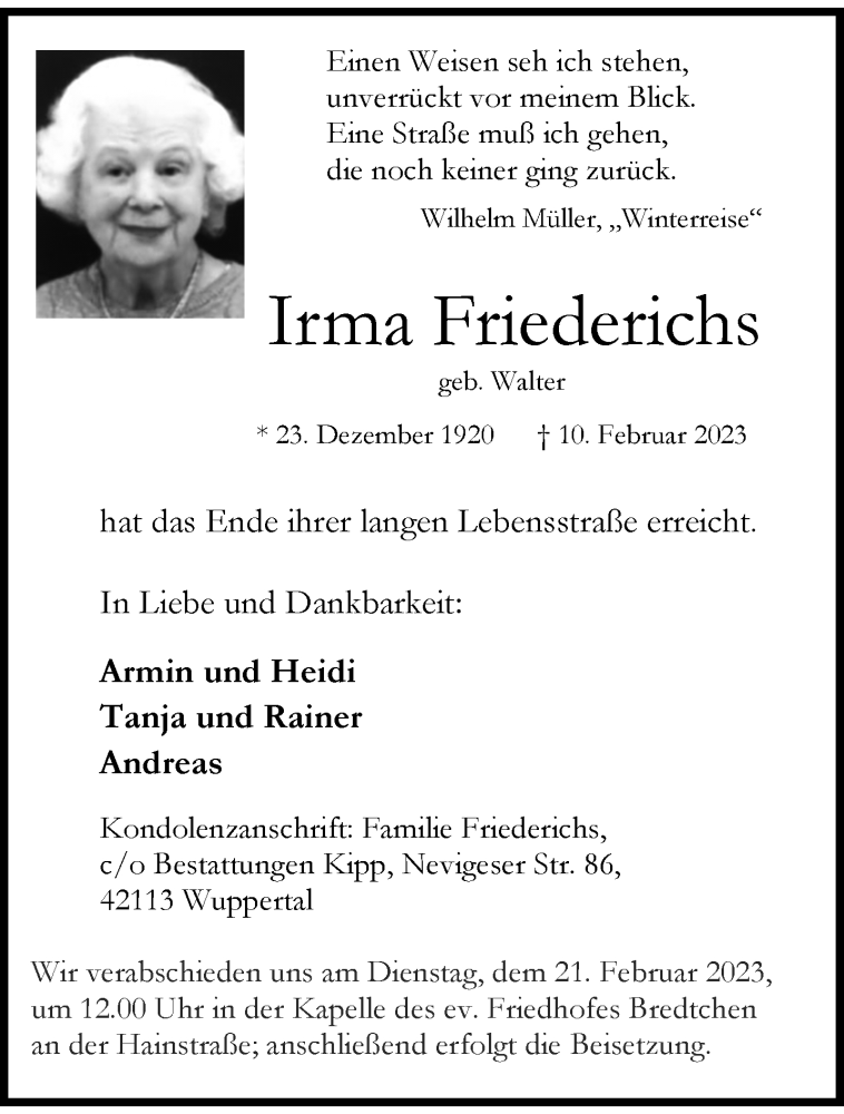  Traueranzeige für Irma Friederichs vom 18.02.2023 aus trauer.wuppertaler-rundschau.de