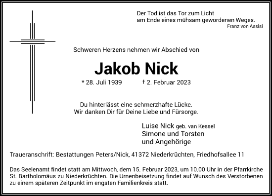 Traueranzeige von Jakob Nick von trauer.extra-tipp-moenchengladbach.de