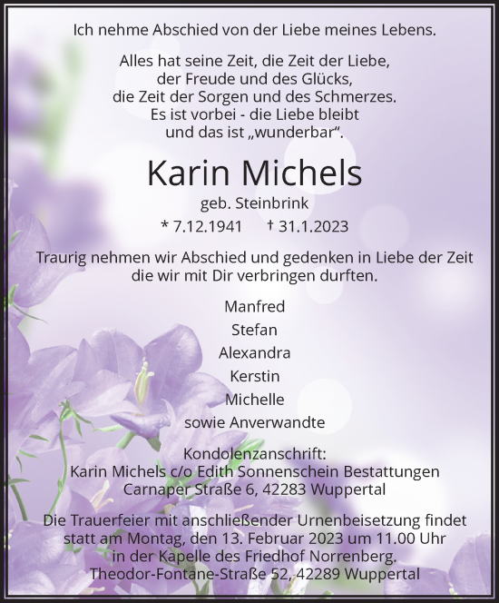 Traueranzeige von Karin Michels von trauer.wuppertaler-rundschau.de