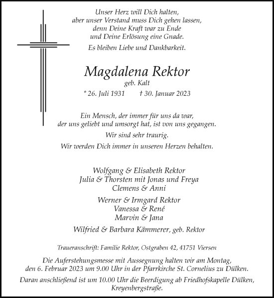 Traueranzeige von Magdalena Rektor von trauer.extra-tipp-moenchengladbach.de