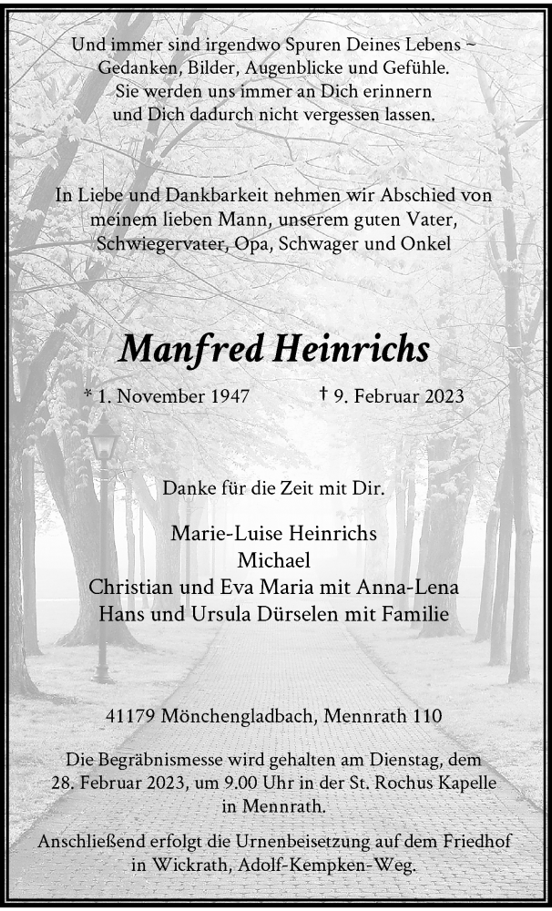  Traueranzeige für Manfred Heinrichs vom 19.02.2023 aus trauer.extra-tipp-moenchengladbach.de
