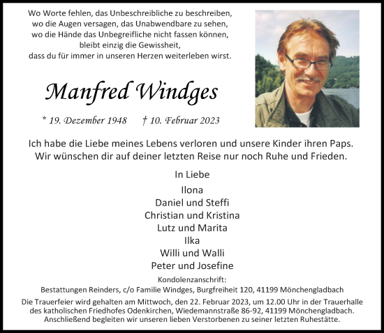 Traueranzeige von Manfred Windges von trauer.extra-tipp-moenchengladbach.de