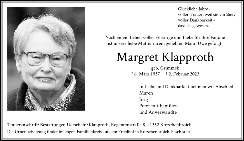  Traueranzeige für Margret Klapproth vom 19.02.2023 aus trauer.extra-tipp-moenchengladbach.de