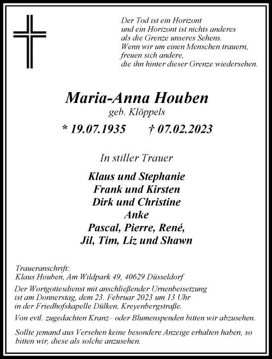 Traueranzeige von Maria-Anna Houben von trauer.extra-tipp-moenchengladbach.de