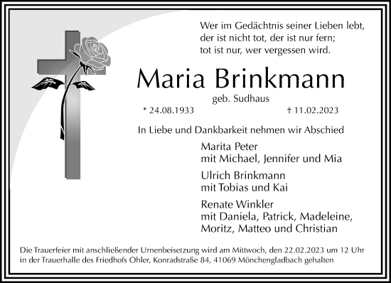 Traueranzeige von Maria Brinkmann von trauer.extra-tipp-moenchengladbach.de